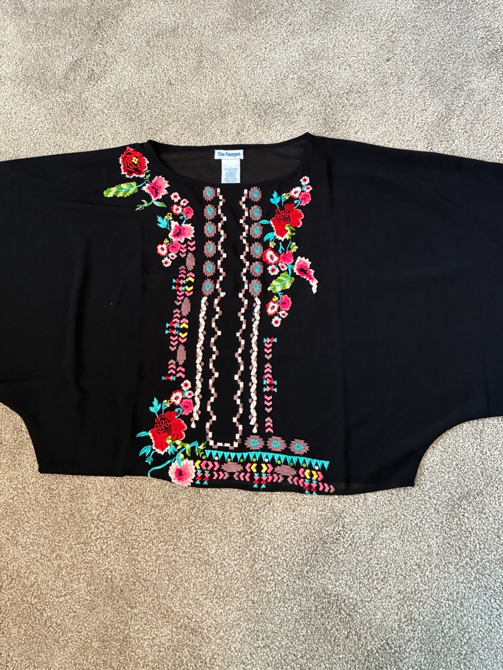 PARAGON Black Embroidered Floral Shirt with Pink & Red Accents